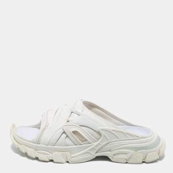 Pre Owned Balenciaga White Synthetic Leather and Rubber Track Flat Slides Size 39