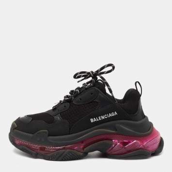 Pre Owned Balenciaga Black  Nubuck And Mesh  Triple S Clear Sneakers Size 38