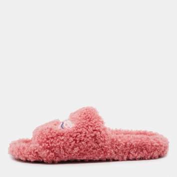 Pre Owned Balenciaga Pink Logo Shearling Flat Slides Size 39