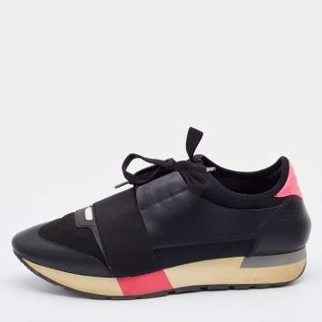 Pre Owned Balenciaga Black Leather and Knit Fabric Race Runner Sneakers Size 40