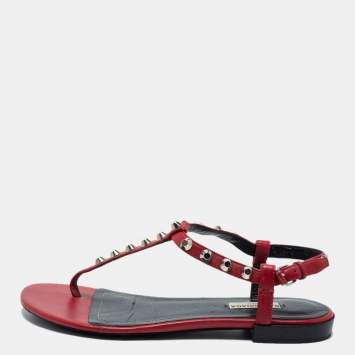 Pre Owned Balenciaga Red Leather Arena Thong Flat Sandals Size 39