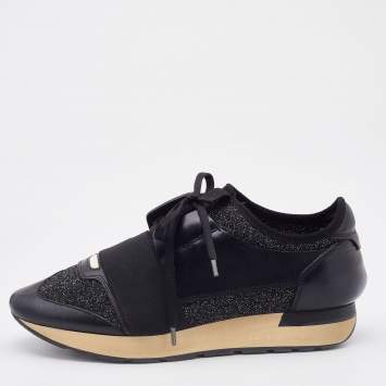 Pre Owned Balenciaga Black Knit Fabric and Leather Race Runner Low Top Sneakers Size 38