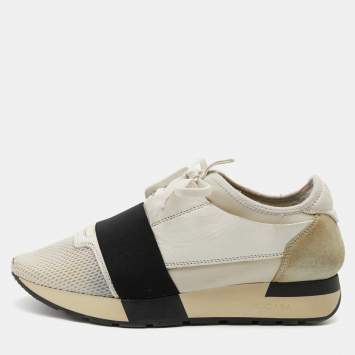 Balenciaga White/Black Leather and Mesh Race Runner Low Top Sneakers Size 37