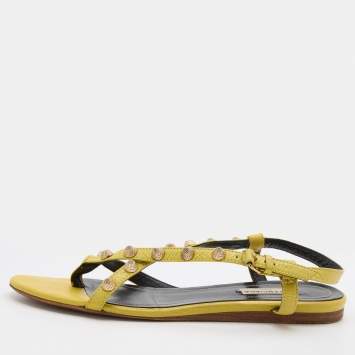 Pre Owned Balenciaga Yellow Leather Arena Studded Strappy Flats Size 38