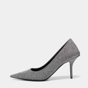 Pre Owned Balenciaga Silver/Black Lurex Fabric Square Knife Pumps Size 38