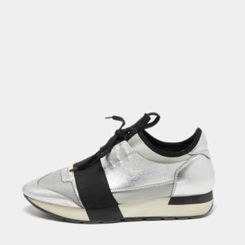 Pre Owned Balenciaga Silver/Black Leather and Fabric Race Runner Sneakers Size 38