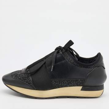 Pre Owned Balenciaga Black Leather and Stretch Knit Race Runner Low Top Sneakers Size 36