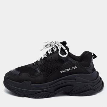 Pre Owned Balenciaga Black Mesh and Leather Triple S Sneakers Size 41
