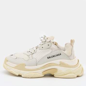 Pre Owned Balenciaga White/Grey Leather and Mesh Triple S Sneakers Size 38