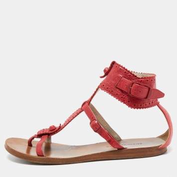 Pre Owned Balenciaga Red Brogue Leather Flat Thong Sandals Size 37.5