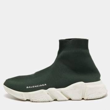 Pre Owned Balenciaga Dark Green Knit Fabric Speed Trainer High Top Sneakers Size 39