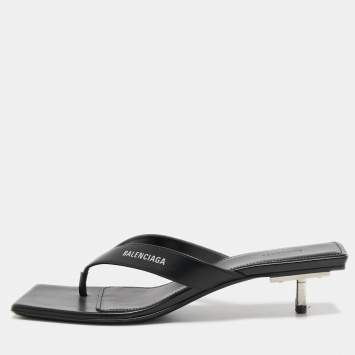 Pre Owned Balenciaga Black Leather Square Toe Thong Slide Sandals Size 39
