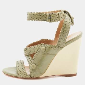 Pre Owned Balenciaga Green Brogue Leather Strappy Wedge Sandals Size 36