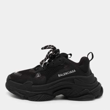 Pre Owned Balenciaga Black Leather And Fabric Triple S Sneakers Size 37