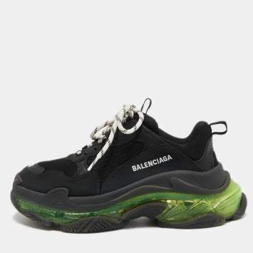 Pre Owned Balenciaga Black Leather and Fabric Triple S Sneakers Size 39