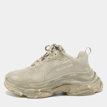 Pre Owned Balenciaga Grey Leather and Mesh Faded Triple S Sneakers Size 39