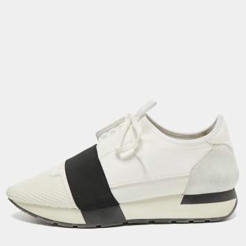 Pre Owned Balenciaga White/Black Mesh and Leather Race Runner Sneakers Size 39