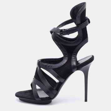 Pre Owned Balenciaga Black Suede and Leather Cutout Ankle Wrap Sandals Size 38.5