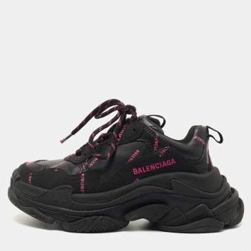 Pre Owned Balenciaga Black/Pink Logo Print Leather Triple S Sneakers Size 36