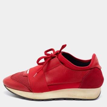 Pre Owned Balenciaga Red Leather and Mesh Race Runner Low Top Sneakers Size 37
