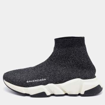 Pre Owned Balenciaga Black Shimmer Knit Fabric Speed Trainer Slip On Sneakers Size 38