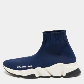 Pre Owned Balenciaga Navy Blue Knit Fabric Speed Trainer Sneakers Size 36