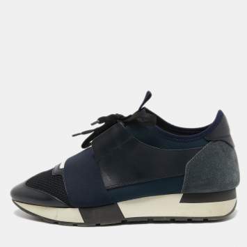 Pre Owned Balenciaga Navy Blue Leather and Suede Race Runner Sneakers Size 38