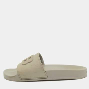 Pre Owned Balenciaga Grey Rubber BB Logo Flat Slides Size 37