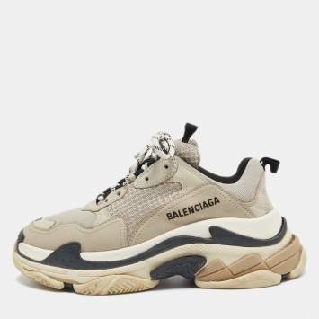 Pre Owned Balenciaga Light Grey Mesh and Leather Triple S Sneakers Size 38