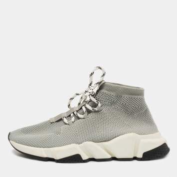 Pre Owned Balenciaga Grey Knit Fabric Speed Lace Up Sneakers Size 40