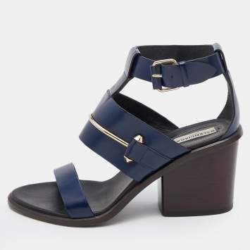 Pre Owned Balenciaga Navy Blue Leather Ankle Strap Sandals Size 37
