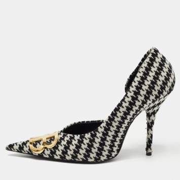 Pre Owned Balenciaga Black/White Tweed BB Pointed Toe D'orsay Pumps Size 39