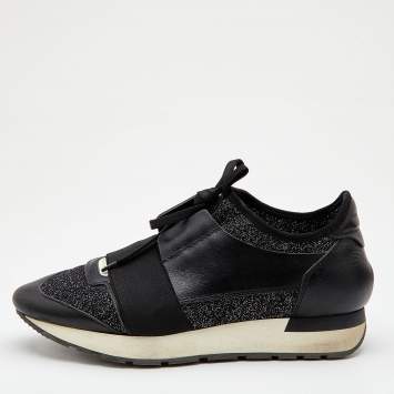 Pre Owned Balenciaga Black Leather, Metallic Knit Fabric and Stretch Band Race Runner Sneakers Size 38