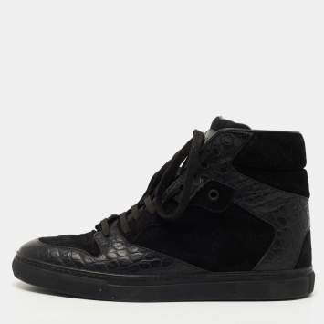 Pre Owned Balenciaga Black Croc Embossed Leather and Suede High Top Sneakers Size 39
