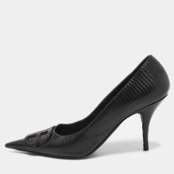 Pre Owned Balenciaga Black Lizard Embossed Leather BB Pumps Size 38