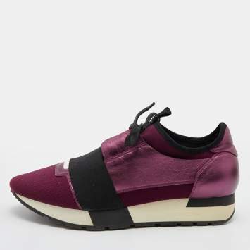 Pre Owned Balenciaga Plum/Black Leather and Stretch Fabric Race Runner Sneakers Size 38