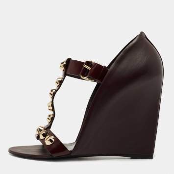 Pre Owned Balenciaga Burgundy Leather Arena Wedge Sandals Size 37