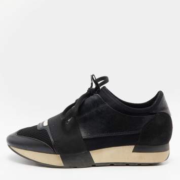 Pre Owned Balenciaga Black Leather, Suede and Mesh Race Runner Sneakers Size 36
