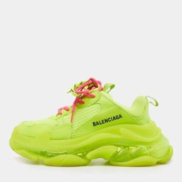 Pre Owned Balenciaga Neon Green Leather and Mesh Triple S Clear Sneakers Size 36