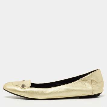 Pre Owned Balenciaga Gold Leather Studded Ballet Flats Size 38
