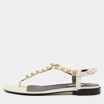 Pre Owned Balenciaga White Leather Arena Ankle Strap Flat Sandals Size 37.5