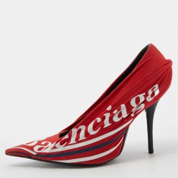 Pre Owned Balenciaga Orange Fabric Knife Logo Pointed Toe Pumps Size 37