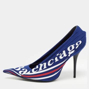 Pre Owned Balenciaga Blue/Black Logo Print Fabric and Leather Knife Pumps Size 39