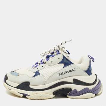 Pre Owned Balenciaga White/Purple Leather and Mesh Triple S Sneakers Size 39