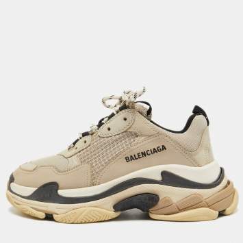 Pre Owned Balenciaga Grey Leather and Mesh Triple S Sneakers Size 40