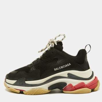 Pre Owned Balenciaga Black/Red Leather and Mesh Triple S Sneakers Size 40