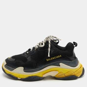 Pre Owned Balenciaga Black/Yellow Leather and Mesh Triple S Clear Sneakers Size 37