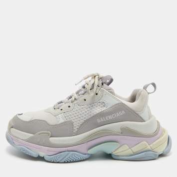 Pre Owned Balenciaga Off White/Grey Mesh and Nubuck Triple S Lace Up Sneakers Size 39