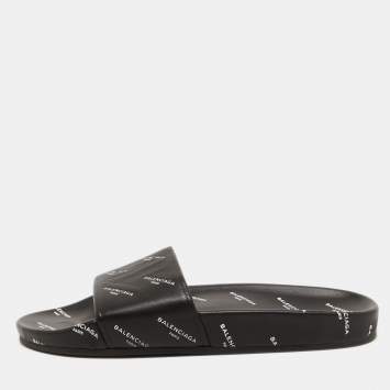 Pre Owned Balenciaga Black Logo Print Leather Flat Slides Size 38