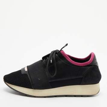 Pre Owned Balenciaga Black/Pink Leather And Mesh Race Runner Low Top Sneakers Size 37